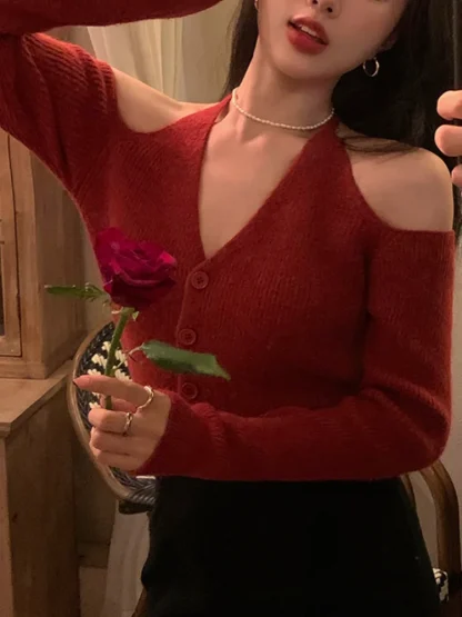 Halter Button-Down Cold Shoulder Sweater - Image 5