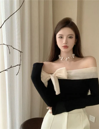 Elegant Bow Off Shoulder Sweater - Image 2