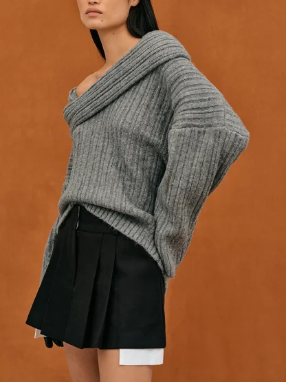 Oversized Solid Off Shoulder Sweater - Image 4