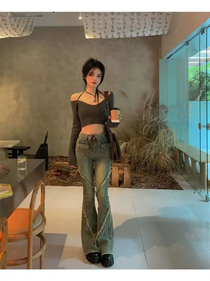 Knitted Cropped Off Shoulder Sweater - Image 4