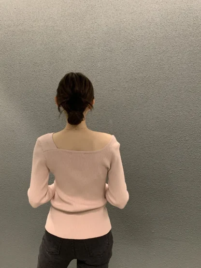 Asymmetric Button-Down Off Shoulder Sweater - Image 7