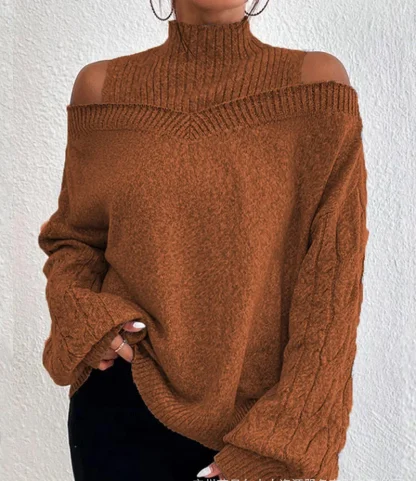 Solid Turtleneck Cold Shoulder Sweater - Image 4