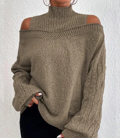 Solid Turtleneck Cold Shoulder Sweater