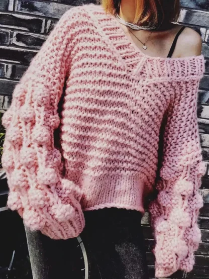 Chunky V-Neck Off Shoulder Sweater