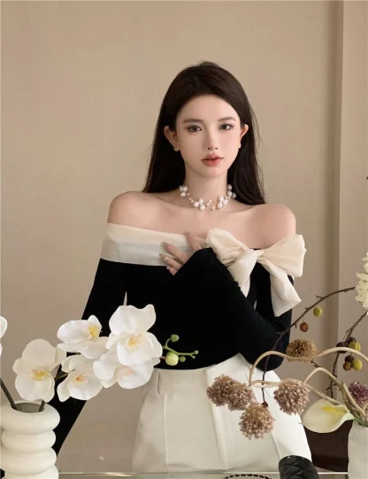 Elegant Bow Off Shoulder Sweater - Image 3