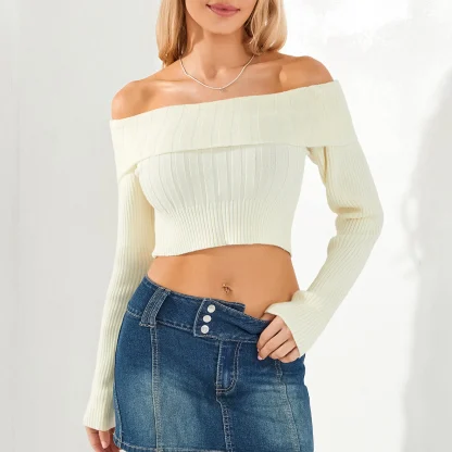 Beige Off Shoulder Sweater Tops - Image 6