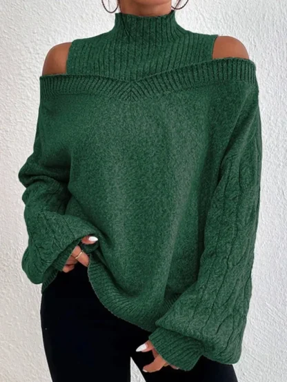 Solid Turtleneck Cold Shoulder Sweater - Image 6