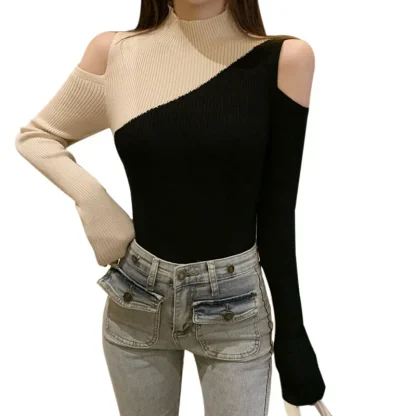 Knitted Colorblock Open Shoulder Sweater - Image 7