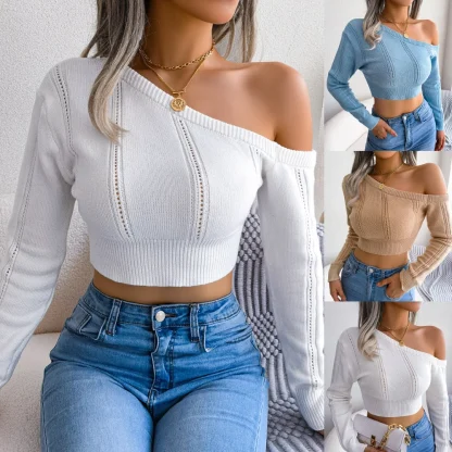 Slanted Cropped Off Shoulder Sweater - Image 3