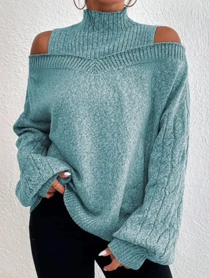 Solid Turtleneck Cold Shoulder Sweater - Image 5