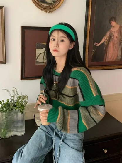 Cropped Stripe Off Shoulder Sweater - Image 6