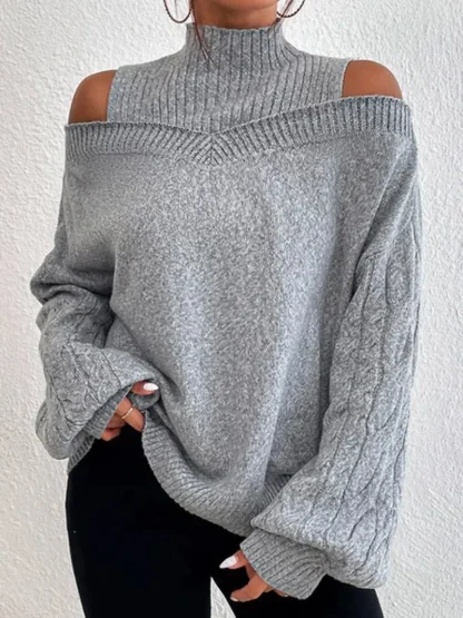 Solid Turtleneck Cold Shoulder Sweater - Image 2
