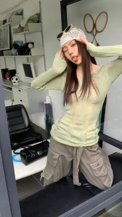 Green Ripped Off Shoulder Sweater - Image 6