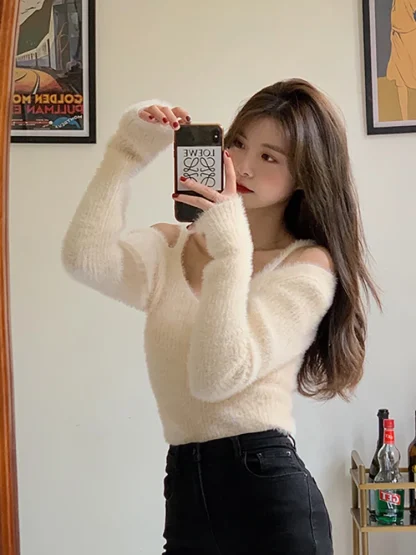 Knit Cold Shoulder Sweater Tops - Image 3