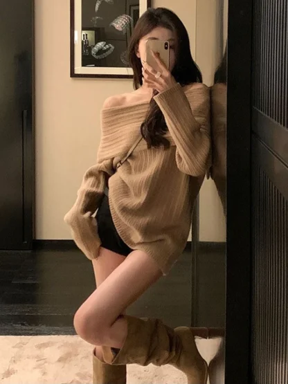 Solid Elegant Off Shoulder Sweater - Image 2