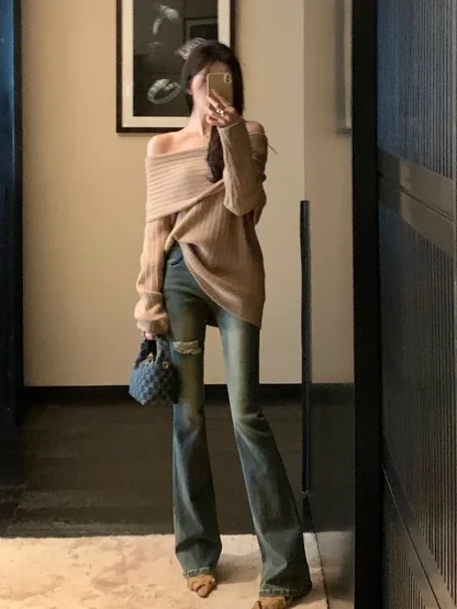Solid Elegant Off Shoulder Sweater - Image 3