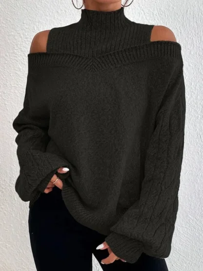 Solid Turtleneck Cold Shoulder Sweater - Image 3