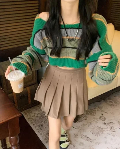 Cropped Stripe Off Shoulder Sweater - Image 7