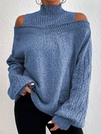 Solid Turtleneck Cold Shoulder Sweater - Image 7