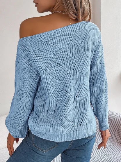 Hollow Knitted Off Shoulder Sweater - Image 7
