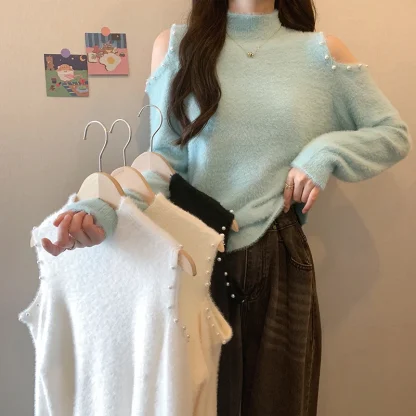 Solid Cold Shoulder Sweater Tops - Image 7