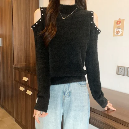 Solid Cold Shoulder Sweater Tops - Image 4