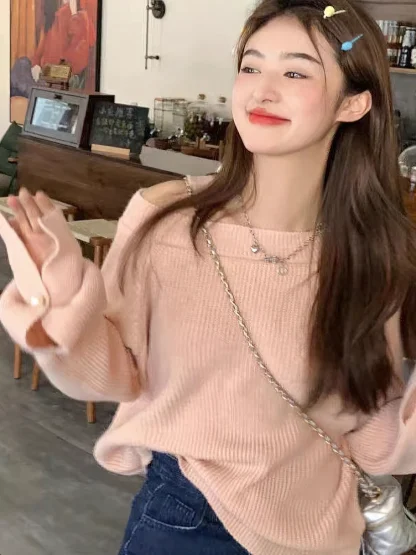 One-Strap Cutout Off Shoulder Sweater - Image 3