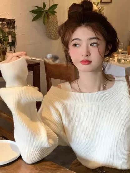 One-Strap Cutout Off Shoulder Sweater - Image 4