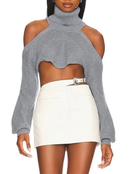 Roll-Neck Cropped Cold Shoulder Sweater - Image 4