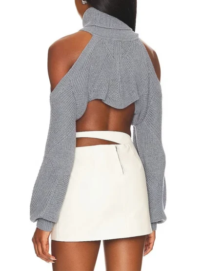 Roll-Neck Cropped Cold Shoulder Sweater - Image 5