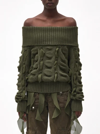 Lace-Up Style Off Shoulder Sweater - Image 2