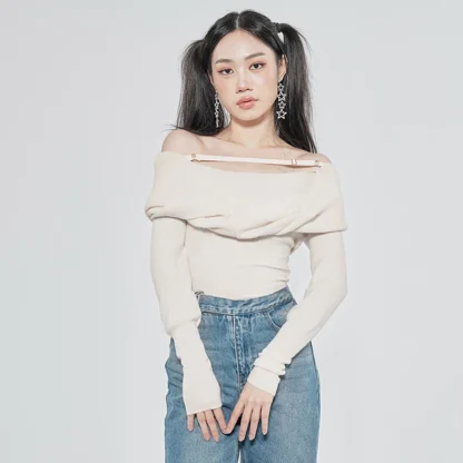 Slash Strap Off Shoulder Sweater - Image 5