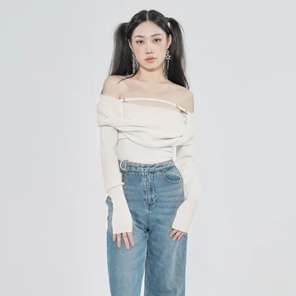 Slash Strap Off Shoulder Sweater - Image 2