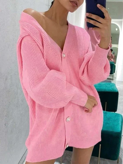 Oversized Cardigan Off Shoulder Sweater - Image 5