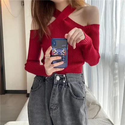 Off Shoulder Sweater Halter Tops - Image 3