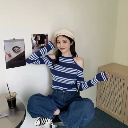 Halter Stripe Off Shoulder Sweater - Image 3