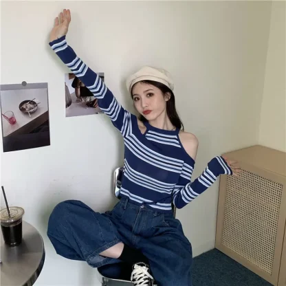 Halter Stripe Off Shoulder Sweater - Image 4