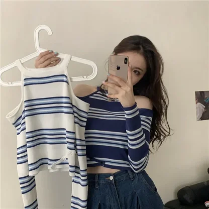 Halter Stripe Off Shoulder Sweater - Image 5
