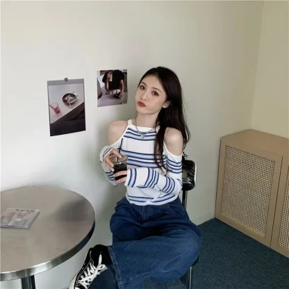 Halter Stripe Off Shoulder Sweater - Image 6