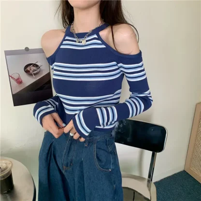 Halter Stripe Off Shoulder Sweater - Image 2