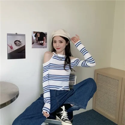 Halter Stripe Off Shoulder Sweater - Image 7
