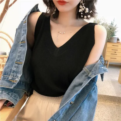 Casual V-neck Sleeveless Sweater Tops - Image 3