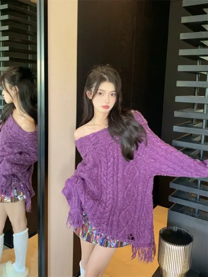 Oversized Tassel Off Shoulder Sweater - Image 2