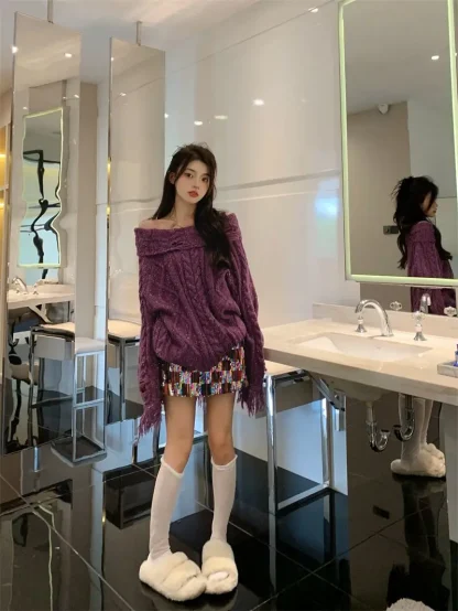 Oversized Tassel Off Shoulder Sweater - Image 5