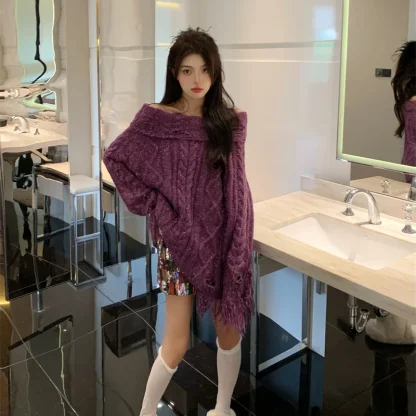 Oversized Tassel Off Shoulder Sweater - Image 6