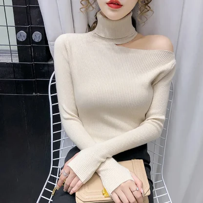 Slim Turtleneck Cold Shoulder Sweater - Image 5