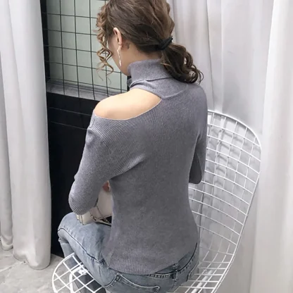 Slim Turtleneck Cold Shoulder Sweater - Image 7