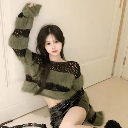 Stripe Cropped Off Shoulder Sweater - Image 2