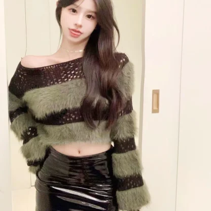 Stripe Cropped Off Shoulder Sweater - Image 3