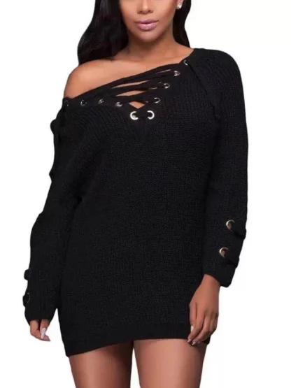 Lace-Up Off Shoulder Sweater Dress - Image 4